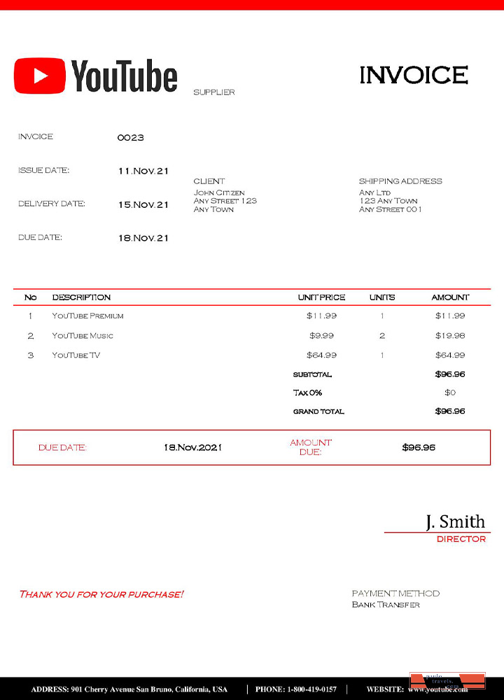 USA Youtube invoice template PSD template